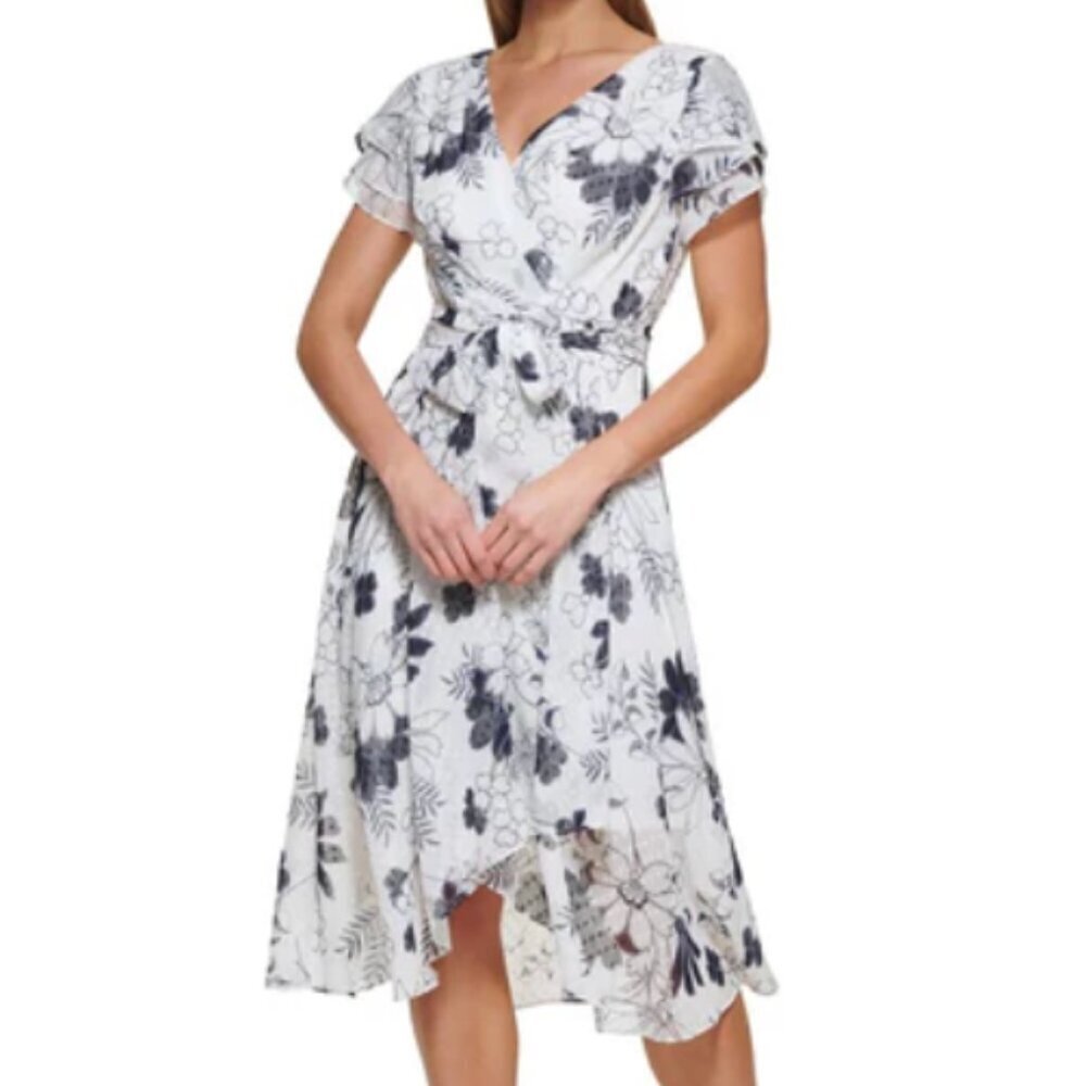 DKNY Short Sleeve Floral Print Faux Wrap Midi Dress - White Black - size 10 - Picture 9 of 9